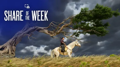 A rider on a white horse passes beneath a windswept tree in a grassy field under dark storm clouds.