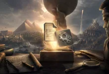 A glowing archival box containing documents and a gear-marked tablet overlooks pyramids, a city, and a globe in a historical strategy-game scene.
