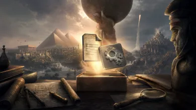 A glowing archival box containing documents and a gear-marked tablet overlooks pyramids, a city, and a globe in a historical strategy-game scene.