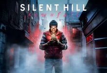 Silent Hill: Townfall protagonist holds a handheld device in a foggy, red-lit street