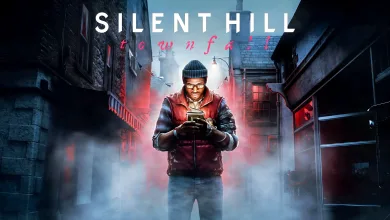 Silent Hill: Townfall protagonist holds a handheld device in a foggy, red-lit street