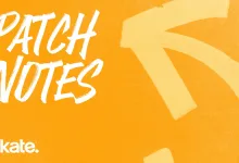 Orange skate. graphic with large white “PATCH NOTES” lettering and the skate. logo