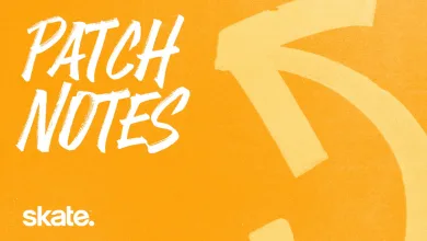 Orange skate. graphic with large white “PATCH NOTES” lettering and the skate. logo