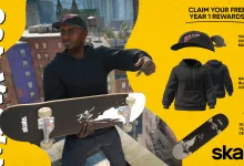 A skate. character holds a skateboard beside images of the Year 1 reward bundle items: a cap, black hoodie, and deck.