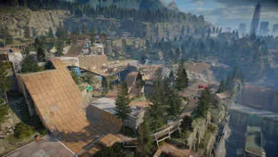 A mountain skate park with large ramps, trees, and downhill routes in Skate. Season 5's S.U.M.R. Camp.