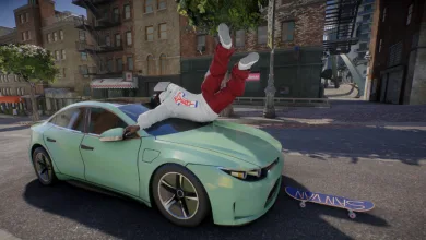 A skate. player falls onto the hood of a green car during a failed skateboard trick.