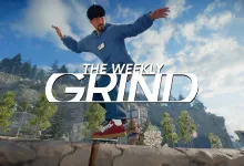 A skate. character performs a skateboard trick in an outdoor skate area beneath The Weekly Grind title
