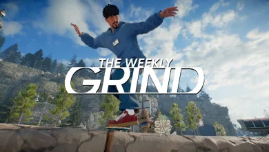A skate. character performs a skateboard trick in an outdoor skate area beneath The Weekly Grind title