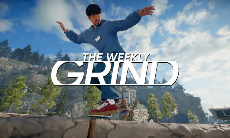 A skate. character performs a skateboard trick in an outdoor skate area beneath The Weekly Grind title