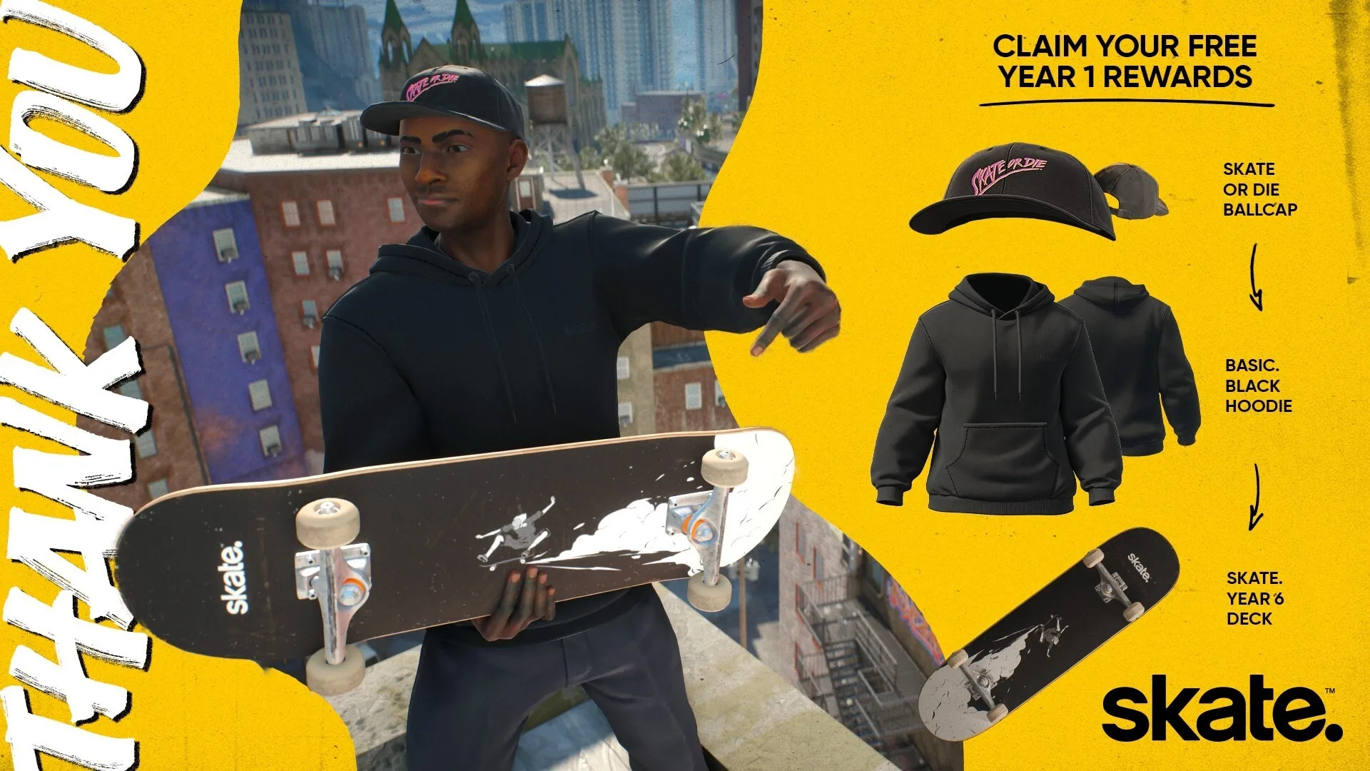 skate. Year 1 Bundle rewards showing a deck, hat, and black hoodie