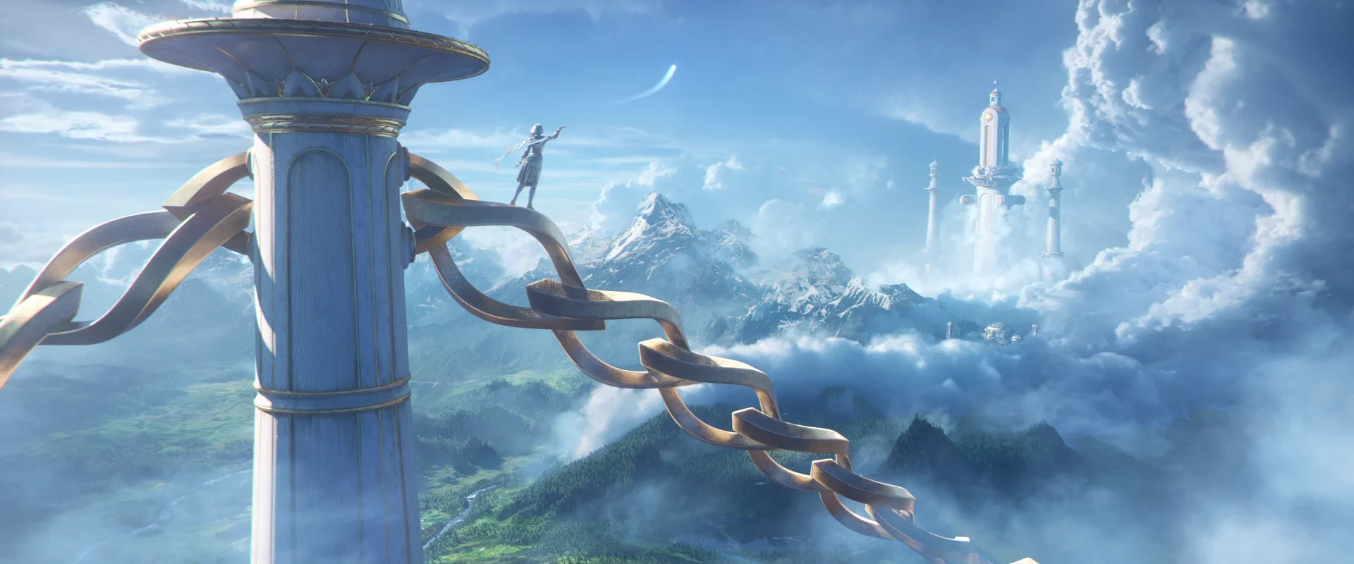 Skyborne sky kingdom with floating architecture and distant towers