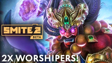 A jeweled SMITE 2 character with glowing purple eyes and a raised purple fist beside the 2X Worshipers event text.