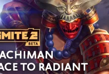 Hachiman in ornate samurai armor appears in SMITE 2 artwork for the Race to Radiant event.