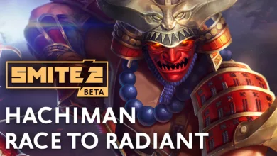Hachiman in ornate samurai armor appears in SMITE 2 artwork for the Race to Radiant event.