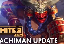 Hachiman in ornate samurai armor holding a weapon in SMITE 2 artwork