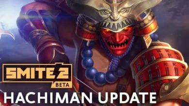 Hachiman in ornate samurai armor holding a weapon in SMITE 2 artwork