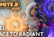Hel appears divided between warm light and purple shadow in SMITE 2 artwork for the Race to Radiant event.