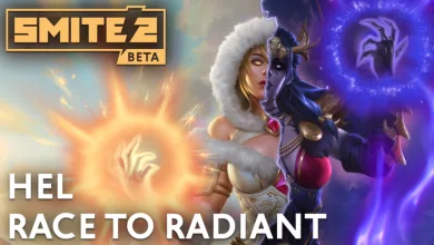 Hel appears divided between warm light and purple shadow in SMITE 2 artwork for the Race to Radiant event.