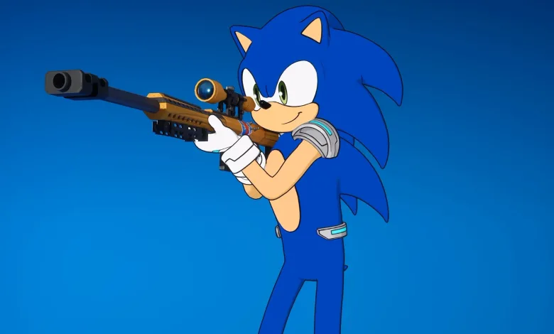 Sonic the Hedgehog aims a rifle in Fortnite