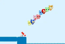 Pixel-art Sonic PICO PARK characters jumping upward from a spring in a side-scrolling stage.