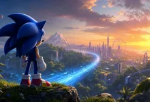 Sonic the Hedgehog overlooks a futuristic city from a rocky ridge at sunset.