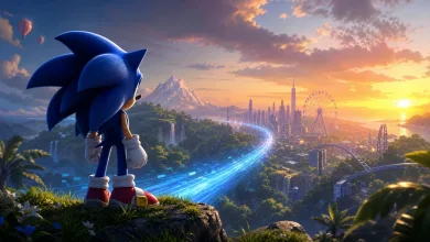Sonic the Hedgehog overlooks a futuristic city from a rocky ridge at sunset.
