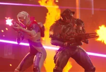 Two Splitgate 2 characters fight in a brightly lit neon combat arena