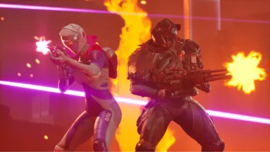 Two Splitgate 2 characters fight in a brightly lit neon combat arena
