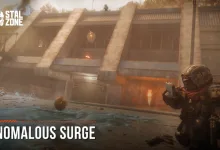 STALCRAFT: X armored character stands outside a burning facility during an Anomalous Surge.