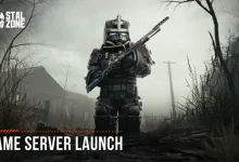 Armored STALCRAFT: X soldier carrying a rifle in a foggy landscape beneath the words Game Server Launch