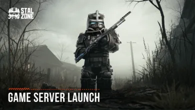 Armored STALCRAFT: X soldier carrying a rifle in a foggy landscape beneath the words Game Server Launch