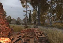Autumn landscape in STALCRAFT: X with ruined brick structures, tall trees, and a glowing anomaly