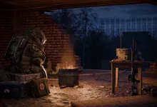 A STALCRAFT: X character sits beside a burning barrel near a radio and equipment at night.