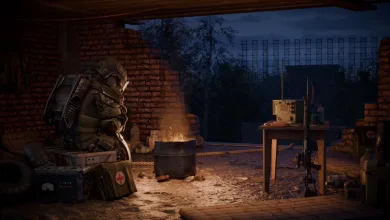 A STALCRAFT: X character sits beside a burning barrel near a radio and equipment at night.