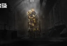 An armored STALCRAFT: X character stands beneath a shaft of light inside a dark tunnel.
