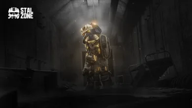 An armored STALCRAFT: X character stands beneath a shaft of light inside a dark tunnel.