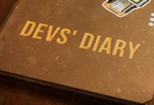A brown developers' diary book with the words DEVS' DIARY on its cover and small game-themed illustrations.
