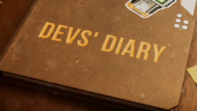 A brown developers' diary book with the words DEVS' DIARY on its cover and small game-themed illustrations.