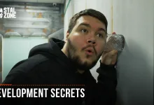 A bearded man presses his ear to a wall in a freezer room beneath the words DEVELOPMENT SECRETS.