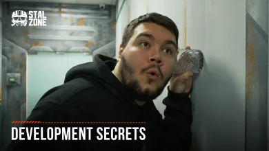 A bearded man presses his ear to a wall in a freezer room beneath the words DEVELOPMENT SECRETS.
