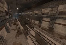 Industrial STALCRAFT: X duel-map interior with rail tracks, platforms, and stacked structures.