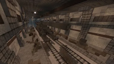Industrial STALCRAFT: X duel-map interior with rail tracks, platforms, and stacked structures.