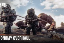 Armored STALCRAFT: X characters lead chained mutant creatures across a rocky landscape under a bright sky.