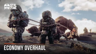 Armored STALCRAFT: X characters lead chained mutant creatures across a rocky landscape under a bright sky.