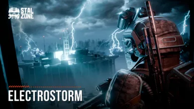 An armored STALCRAFT: X character stands in the foreground as lightning flashes over a settlement during the Electrostorm.