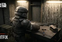 Armored STALCRAFT: X soldier working at a weapon bench beneath Hotfix text