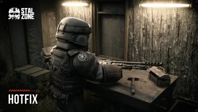 Armored STALCRAFT: X soldier working at a weapon bench beneath Hotfix text