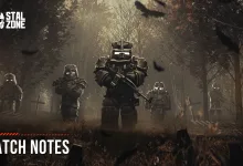 Armored STALCRAFT: X fighters stand in a forest beneath falling leaves.