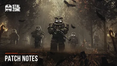 Armored STALCRAFT: X fighters stand in a forest beneath falling leaves.