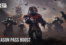 Three armored STALCRAFT: X characters stand in a ruined landscape beneath the Season Pass Boost label.